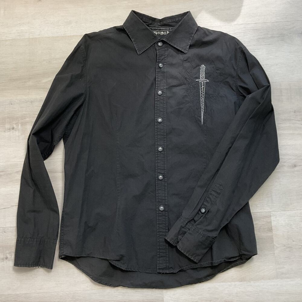 House of Lords Y2K Ed Hardy Style Mens Embellished Dress Shirt Black XL